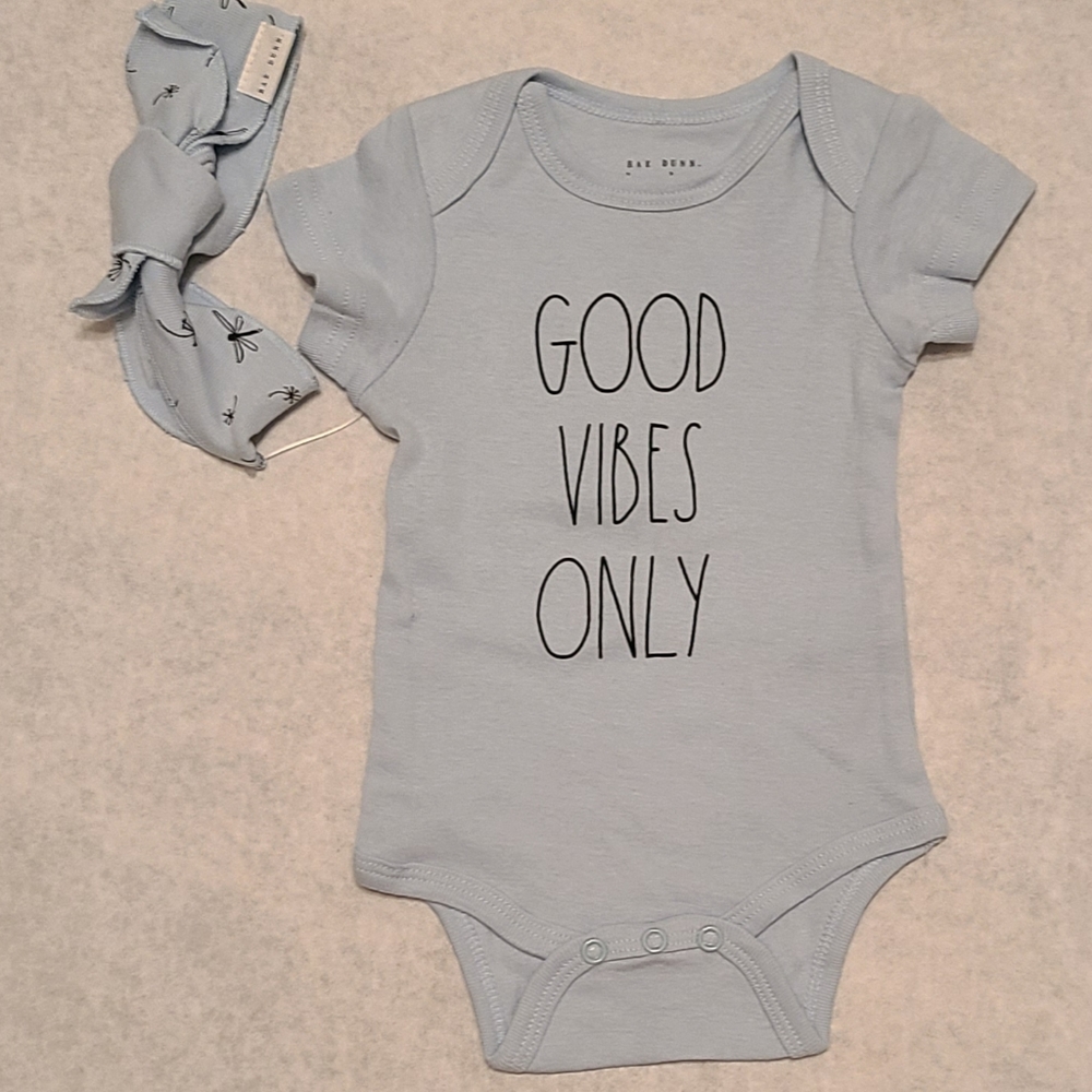 New "Good Vibes Only" baby blue onesie/bodysuit with matching headband